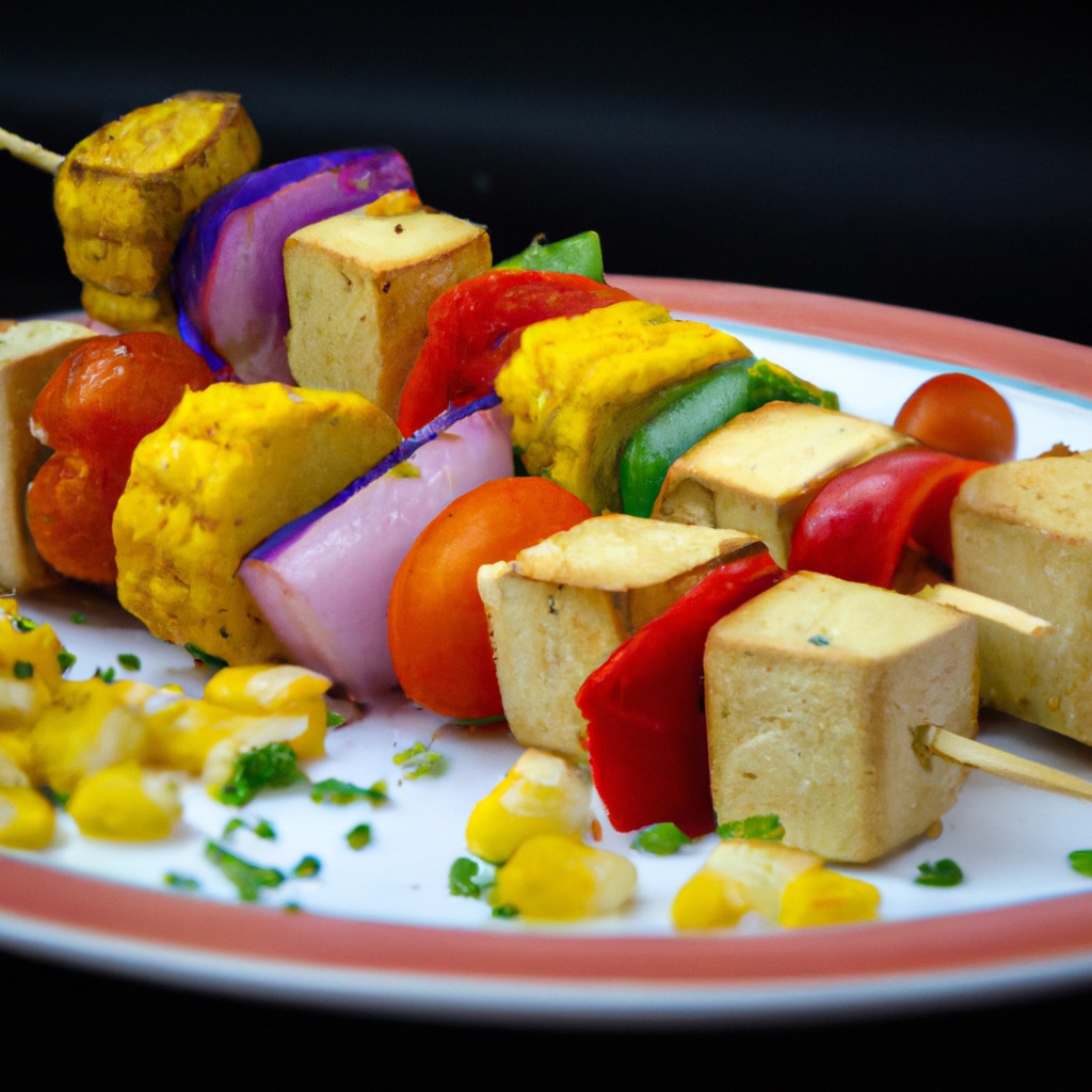 Espetinhos de tofu e legumes